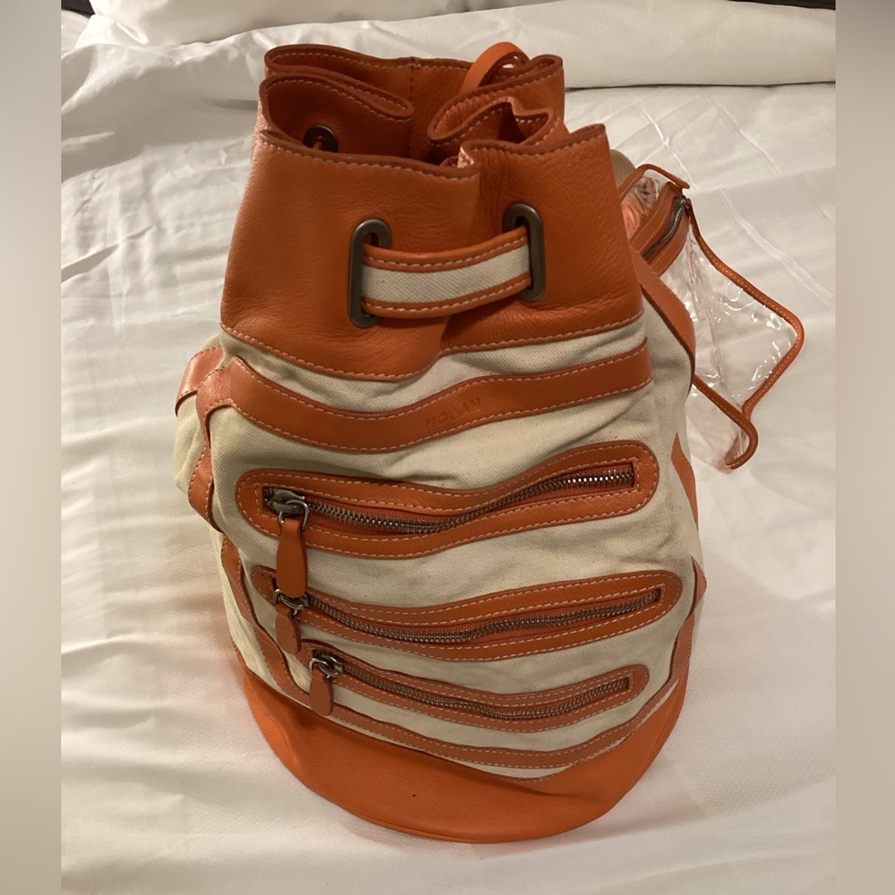 HOGAN Beige Canvas Orange Leather Backpack Shoulder Bag